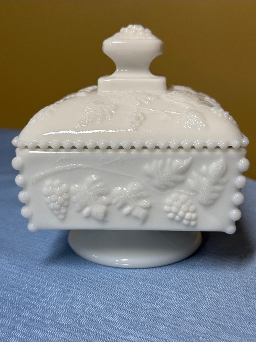 WESTMORLAND GLASS SQUARE BEADED GRAPE FOOTED CANDY DISH